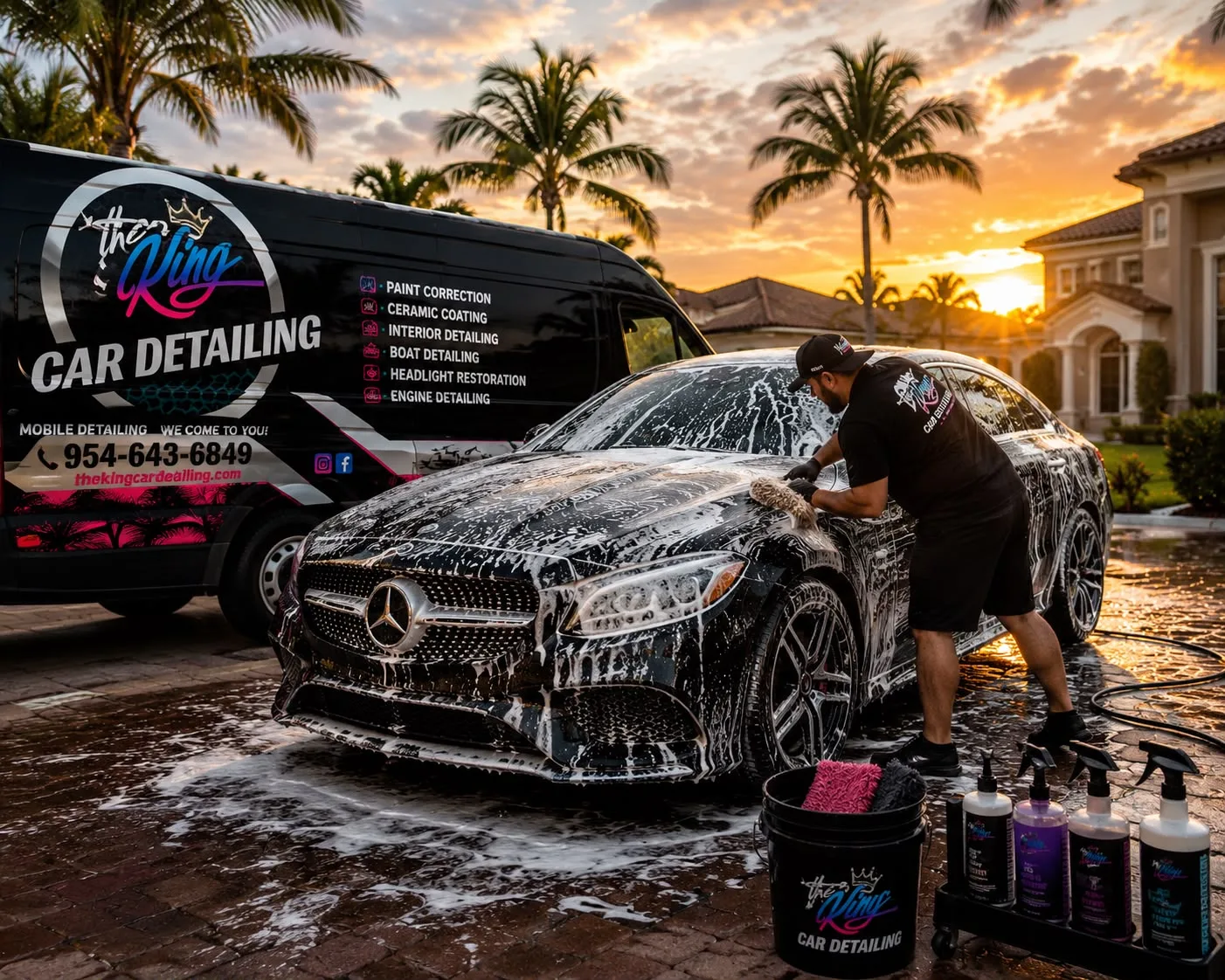 The King Car Detailing mobile van and detailer washing a luxury vehicle at a Florida home